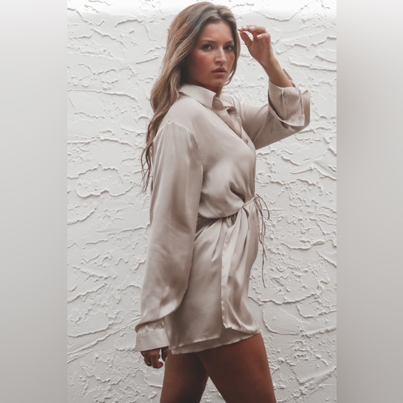 Satin Button Up Romper in Iced Latte - Picture 2 of 7